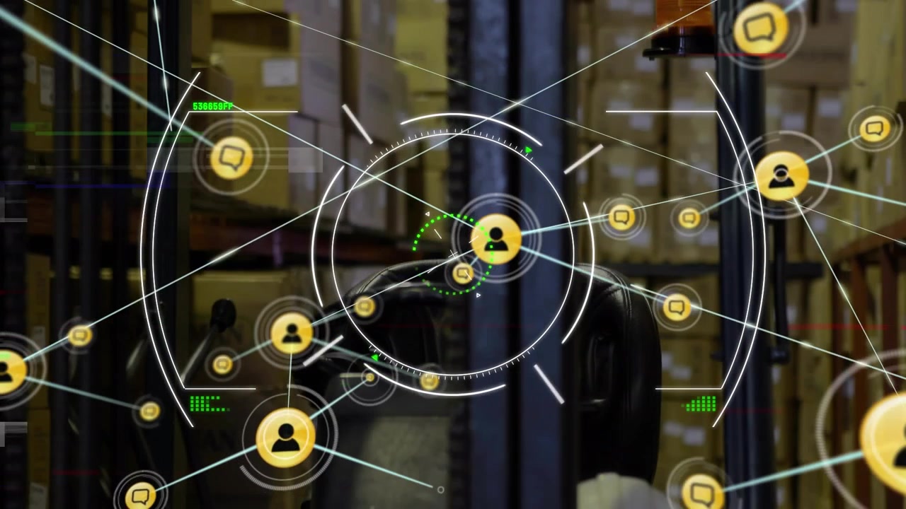 Animation of scope scanning over network of digital icons against forklift at warehouse