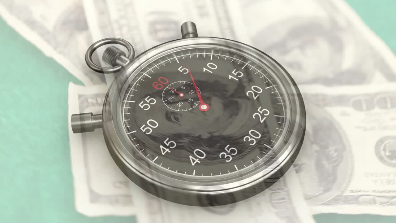 Animation of moving timer over banknotes on green background