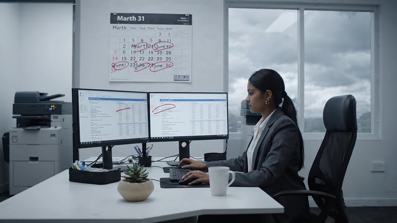 Focused professional woman working diligently at dual monitors in a modern office environment, showcasing productivity and commitment to her tasks and responsibilities.