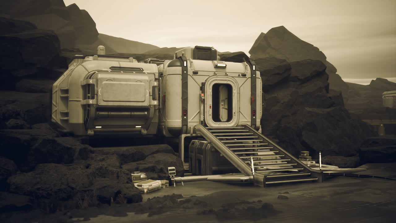 Colonist base on a distant planet features sturdy structure and rugged terrain