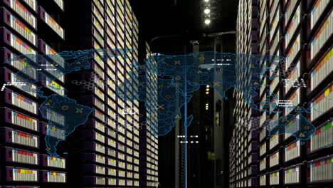 animation of world map and data processing over computer servers