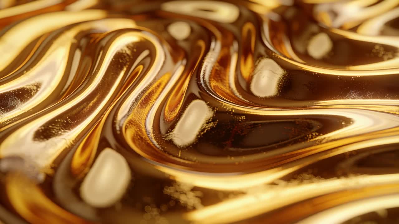 Superficie di gel dorato fluido mossa da uno spostamento del flusso in uno studio macro illuminato, mostrando i riflessi.