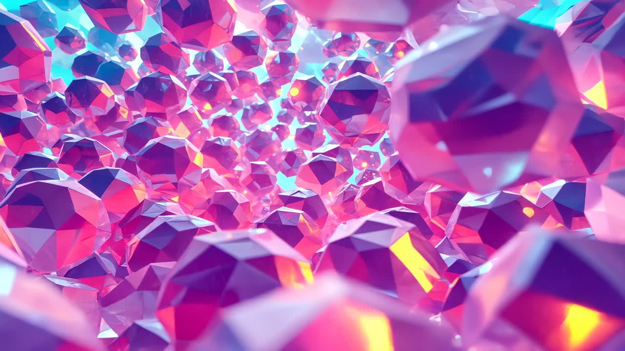 Camera starting behind faceted crystals drifting through void, revealing pulsing golden glow