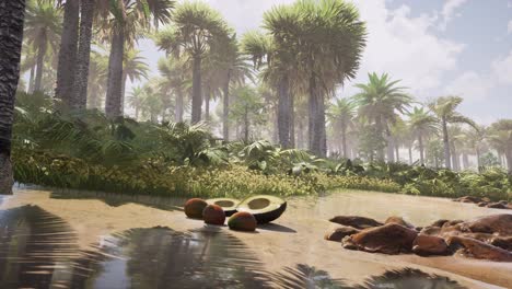 playa de arena de isla exótica con palmeras y frutas en arena húmeda, entorno natural, animación 3d fotorrealista