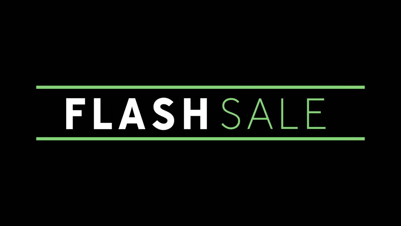 Weißer und grüner Flash Sale-Text auf schwarzem Bildschirm