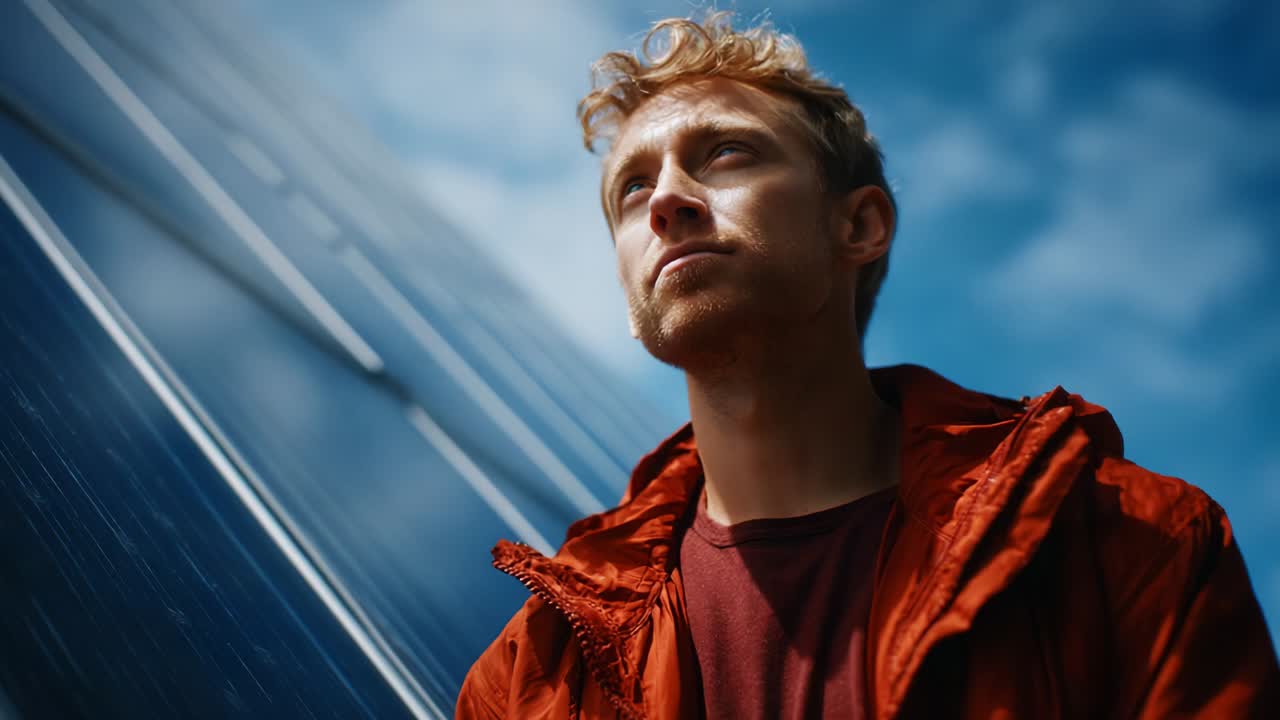 A Thoughtful Young Man in an Orange Jacket Pondering Under a Clear Sky Surrounded by Solar Panels, Reflecting on Renewable Energy and Its Impact on Sustainability and the Environment
