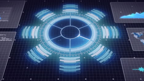 animation of scope scanning and data processing on screens over grid on blue background