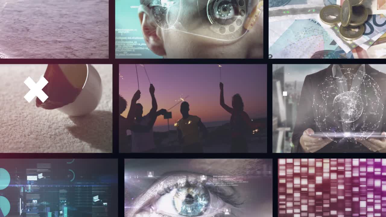 기술, 비즈니스 및 레저 비디오 클립의 여러 화면에서  ⁇  십자가의 애니메이션