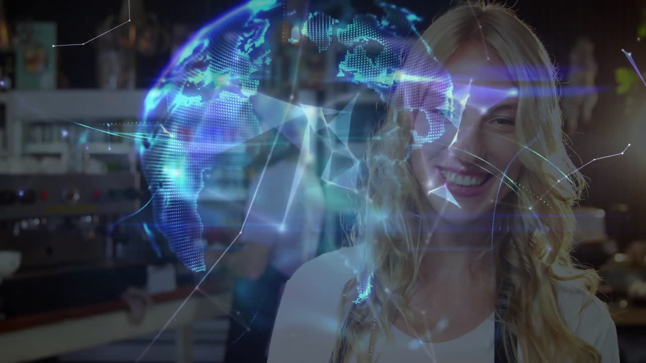Woman barista using hologram globe at café, showcasing technology network visuals