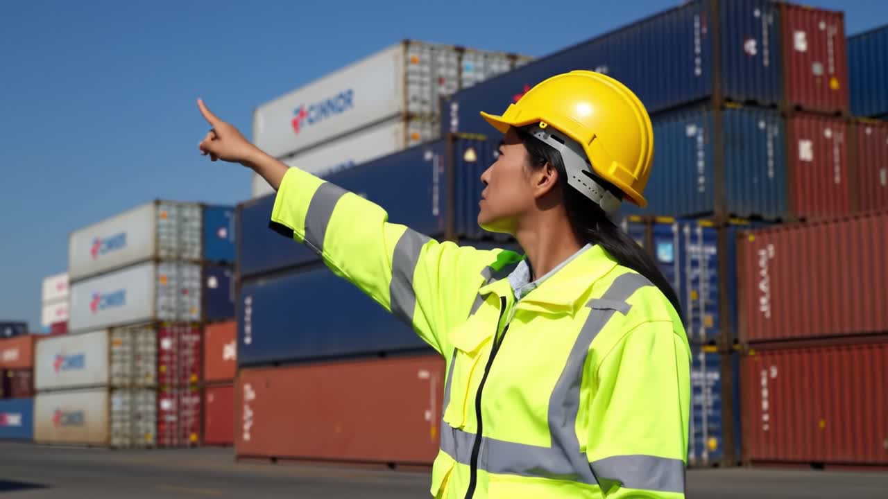A Dedicated Female Worker in Safety Gear Observes Shipping Containers, Pointing Towards the Future While Ensuring Safety and Efficiency in Cargo Operations at the Port