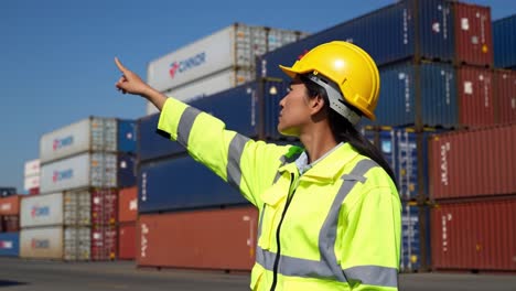 a dedicated female worker in safety gear observes shipping containers, pointing towards the future while ensuring safety and efficiency in cargo operations at the port