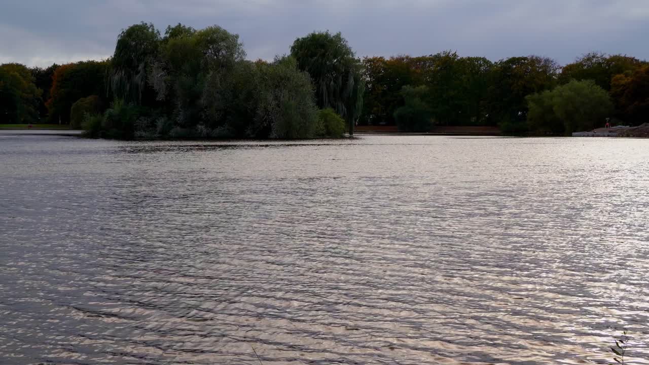 Blick auf einen Teich in einem Park mit Bäumen im Hintergrund.