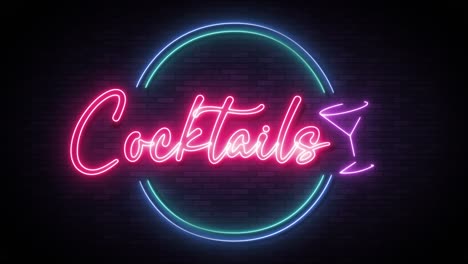 neon sign flickering with the word "cocktails"