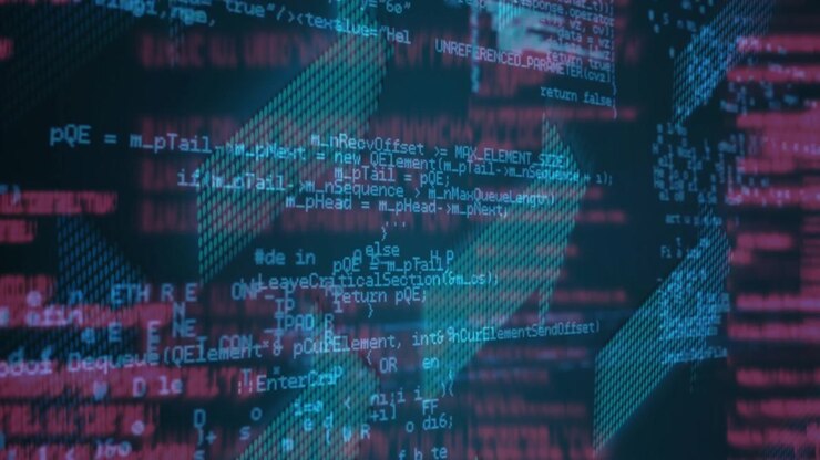 Turquoise dotted chevron shapes being animated in cyberspace, floating through blurred pink code
