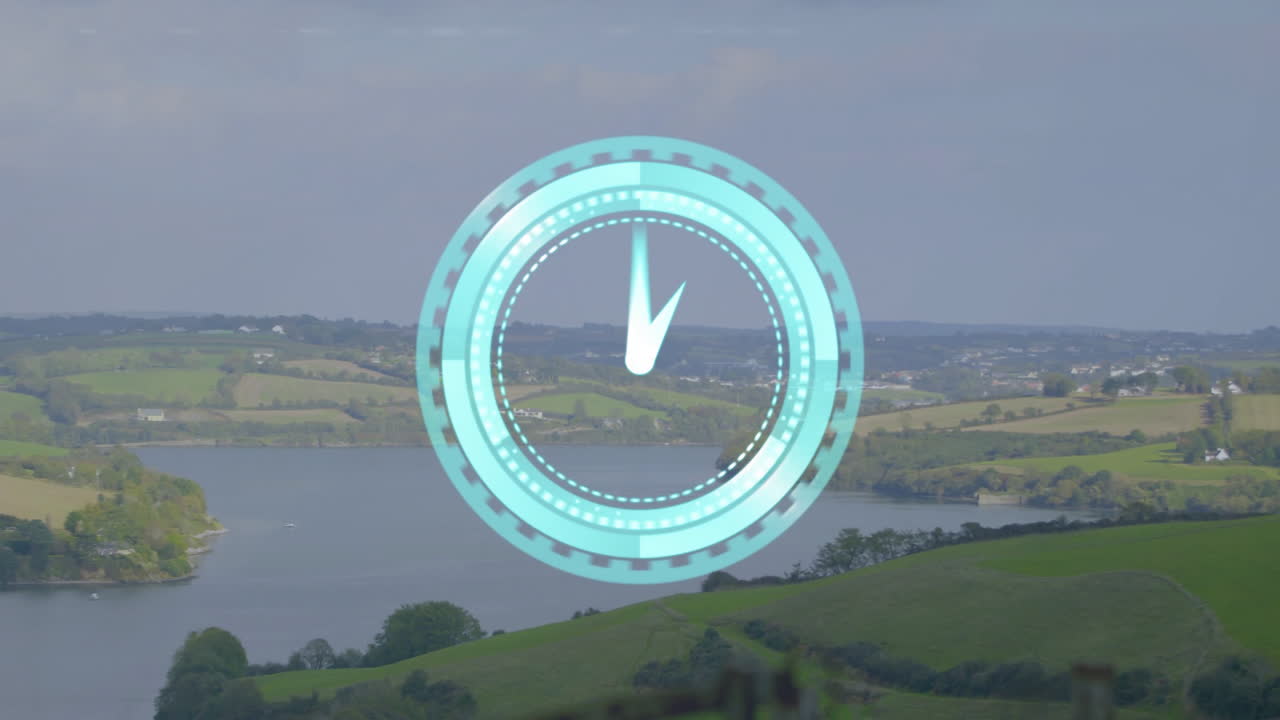 Clock animation over scenic landscape with river and rolling hills