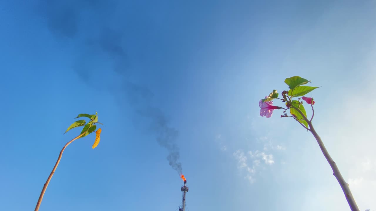 불타는 가스 플레어 산업과 대조적으로 식물 줄기의 극단적인 낮은 각도 샷