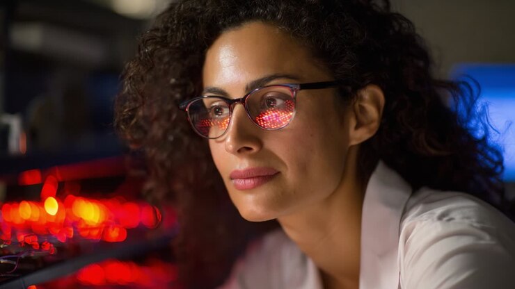 A focused scientist working intently amidst vibrant red lights, demonstrating dedication and curiosity in a laboratory setting, showcasing her analytical skills and the intricate technology around her