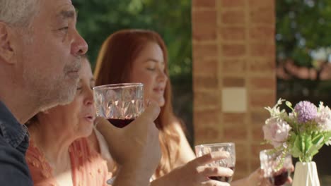 friends enjoying wine and laughter at an outdoor gathering
