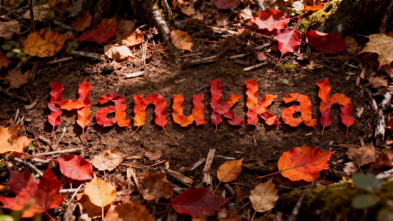 Sunlight shifting, leaf letters spelling Hanukkah sitting on forest floor in autumn showing texture