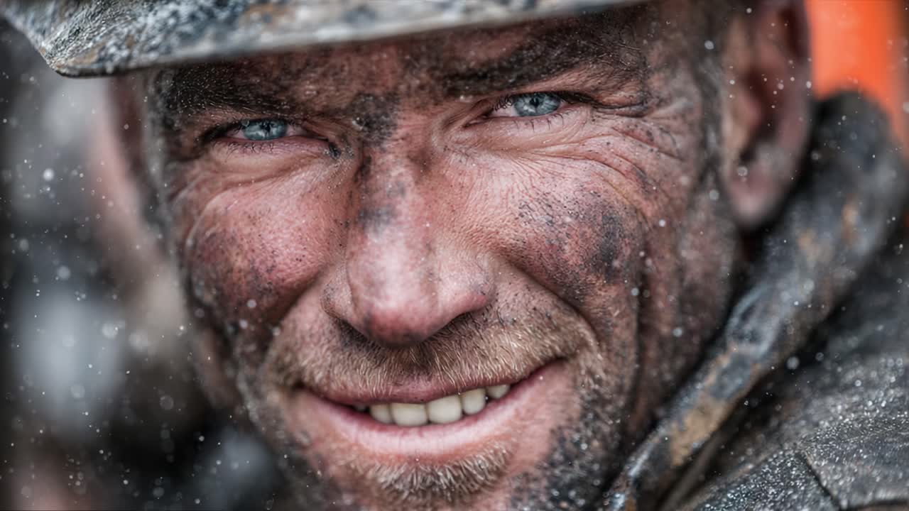 En sejlivet ånd: Nærbillede af en målrettet person, der viser gåpåmod og udholdenhed med et beskidt ansigt, og som skildrer udfordringerne ved at arbejde i barske miljøer