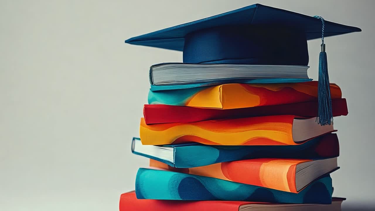 Stack of colorful books with a graduation cap