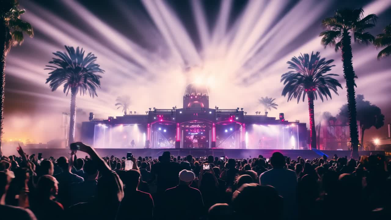 Large group of fans celebrating at a live concert, enjoying vibrant lights and swaying palm trees, creating an energetic atmosphere filled with excitement and joy under the night sky