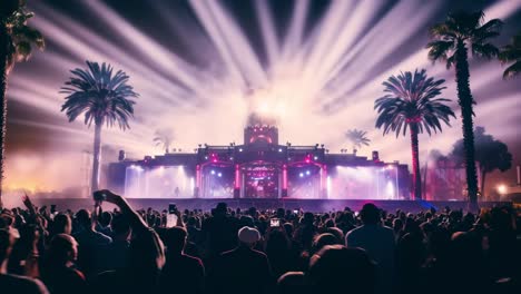 large group of fans celebrating at a live concert, enjoying vibrant lights and swaying palm trees, creating an energetic atmosphere filled with excitement and joy under the night sky