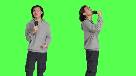trendy guy performs karaoke on camera