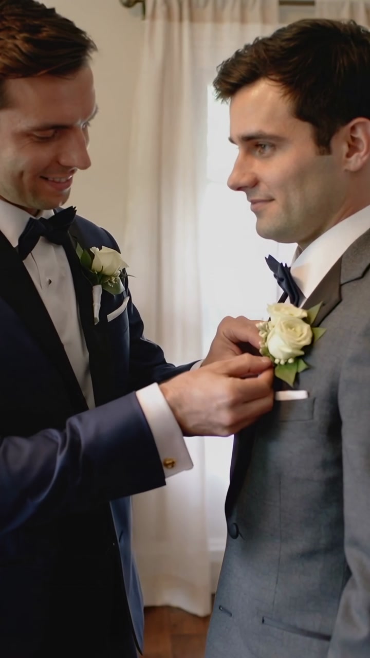 Vertical video: Fastening groomsman in tuxedo securing groom's rose pin in suite before wedding