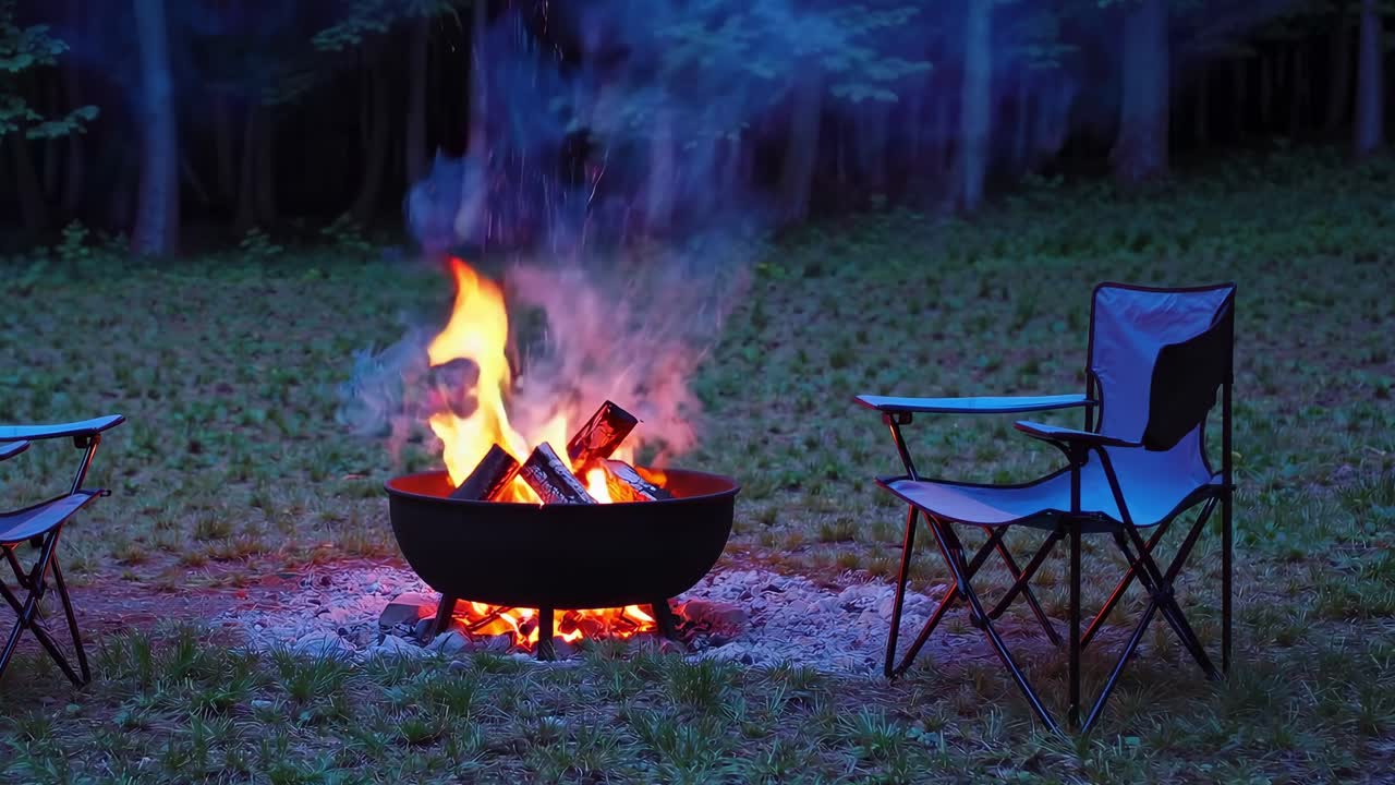 Campfire burning brightly in a fire pit, surrounded by camping chairs, creates a cozy and inviting atmosphere at twilight in the woods, enhancing the serenity of the evening