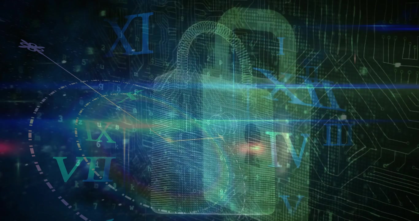 Animation of data processing and padlock on black background