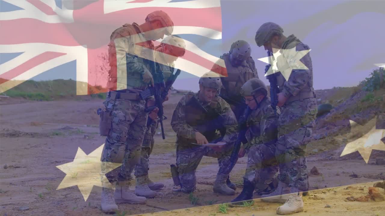 Animation of flag of australia over diverse soldiers with armour