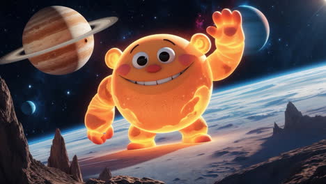a friendly cartoon character waves in outer space with planets in the background