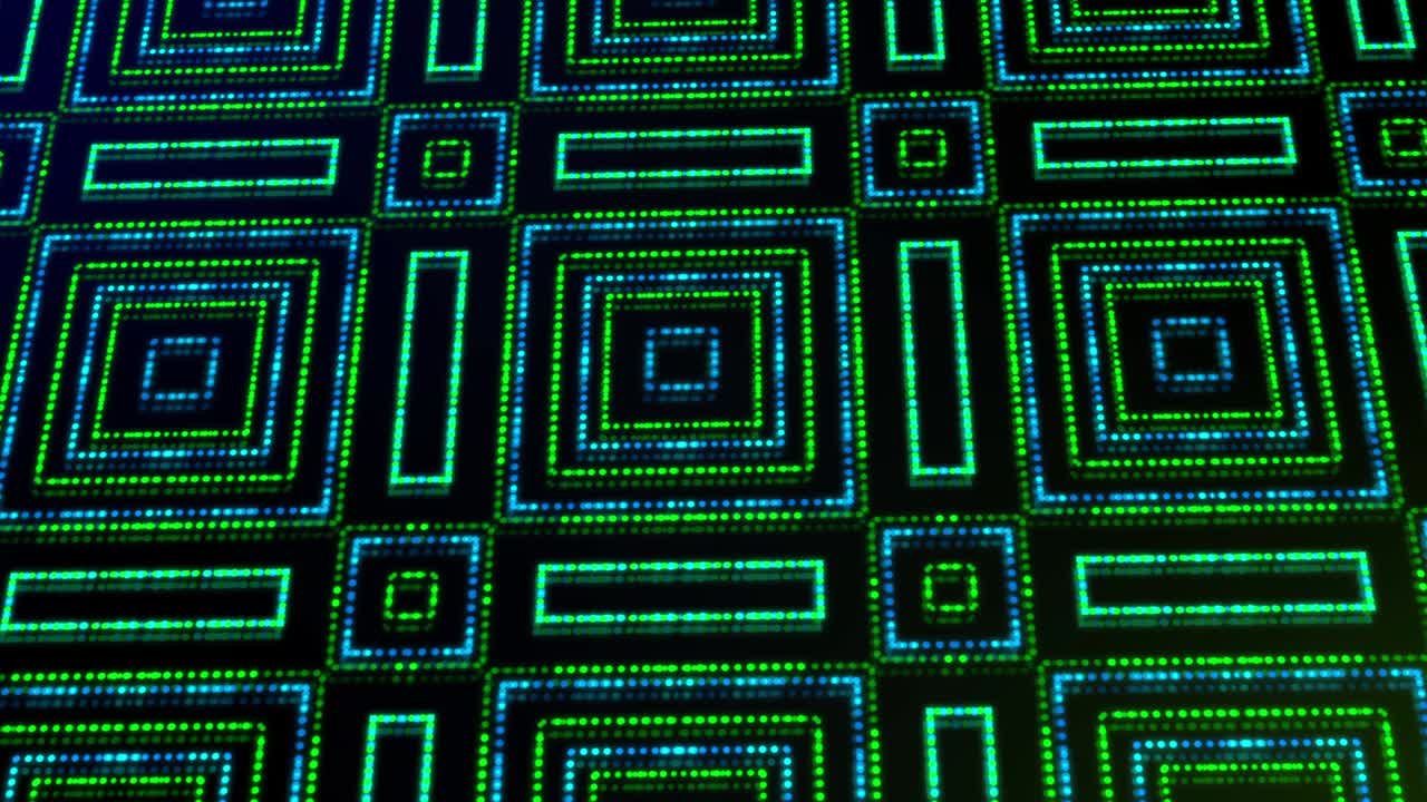 ilustración animada luz brillando puntos verdes y azules y estrellas formas cuadradas.