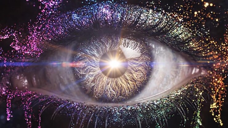 Transforming the Cosmos: An Artistic Journey from the Vastness of Space to the Intricacies of the Human Eye, Blending Stellar Colors and Natural Beauty