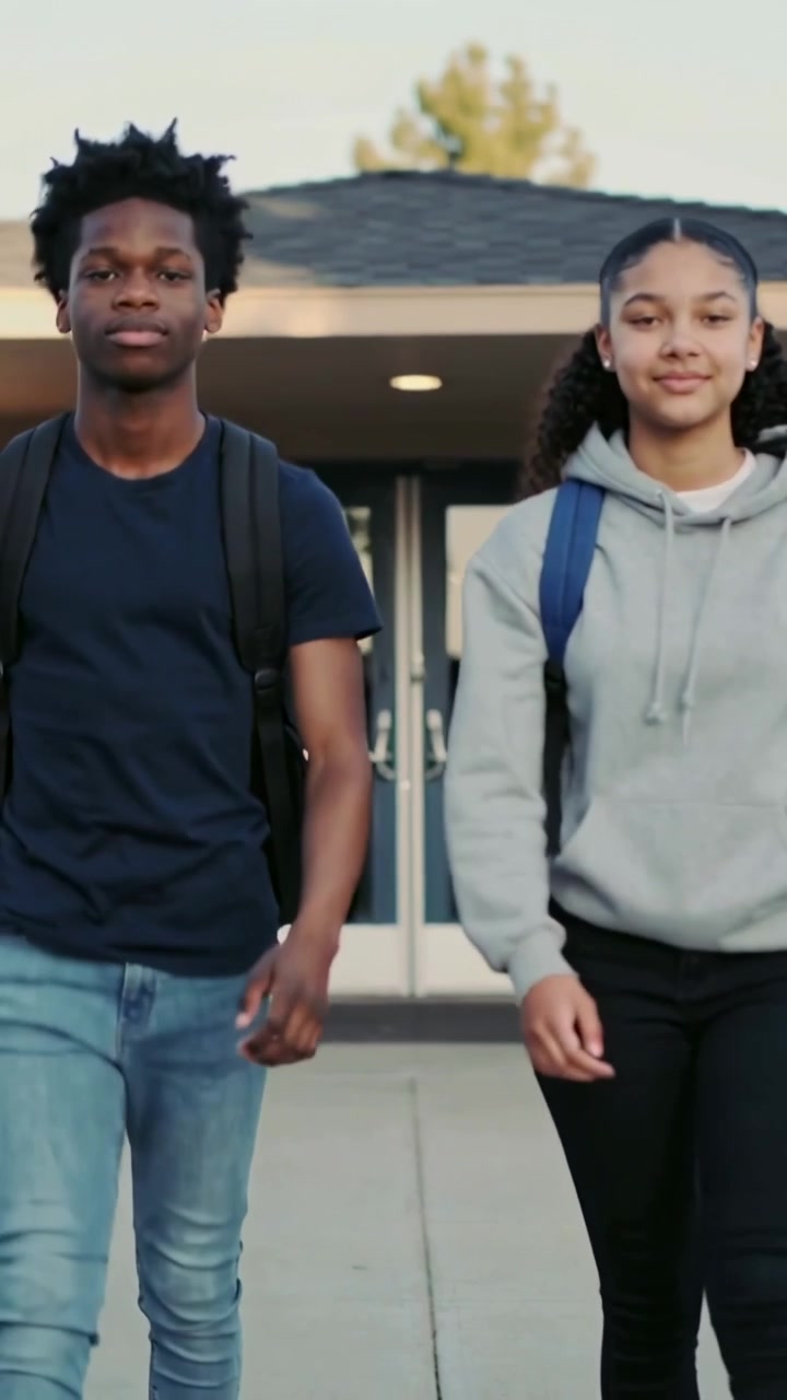 Vertikal video: To teenagere går fra skole efter undervisning, nærmer sig kameraet med rygsække