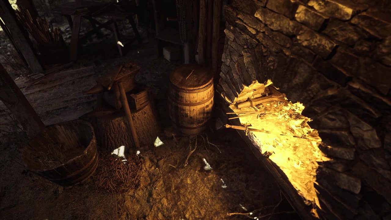 Rustic workspace with burning embers casting shadows on stone wall and barrels