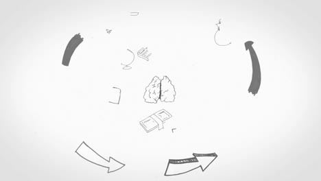 animación de iconos comerciales y textos sobre fondo blanco