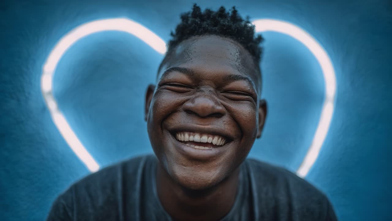 Joyful Expression and Connection: A Radiant Smile Illuminated by Soft Neon Heart Overhead, Capturing the Essence of Happiness and Warmth in a Vibrant Blue Background