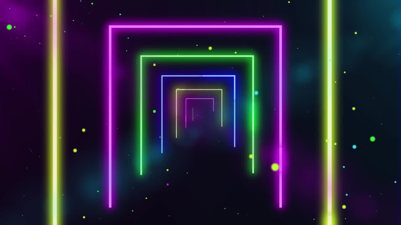 네온 터널과 함께 추상적인 배경, 밝은 선, 기하학적 모양, 루프 애니메이션, 네온 조명, 어두운 흐릿한 배경의 입자와 함께 그리드 루프