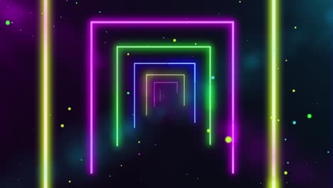 fondo abstracto con túnel de neón líneas brillantes formas geométricas, animación en bucle luces de neón bucle de cuadrícula con partículas en fondo oscuro borroso