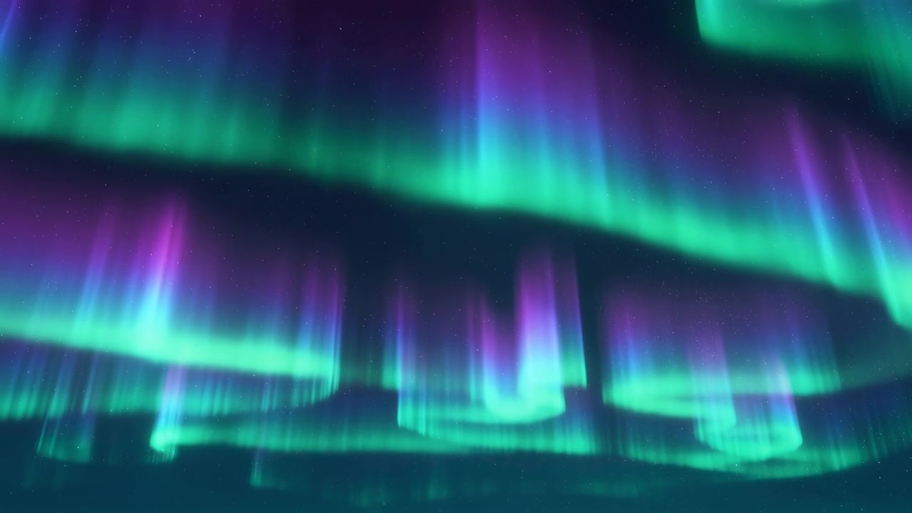 Grønne og lilla nordlys-gardiner dansende over horisonten, skinnende bånd og strålende glød, polart nattlandskap