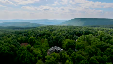 flying backward against from a house in the forest while hills in the background, on a sunny and cloudy summer day under a blue sky