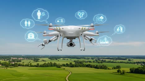 a drone equipped with smart technology hovers over a vast green landscape, displaying icons that represent various applications and services in the sky above it
