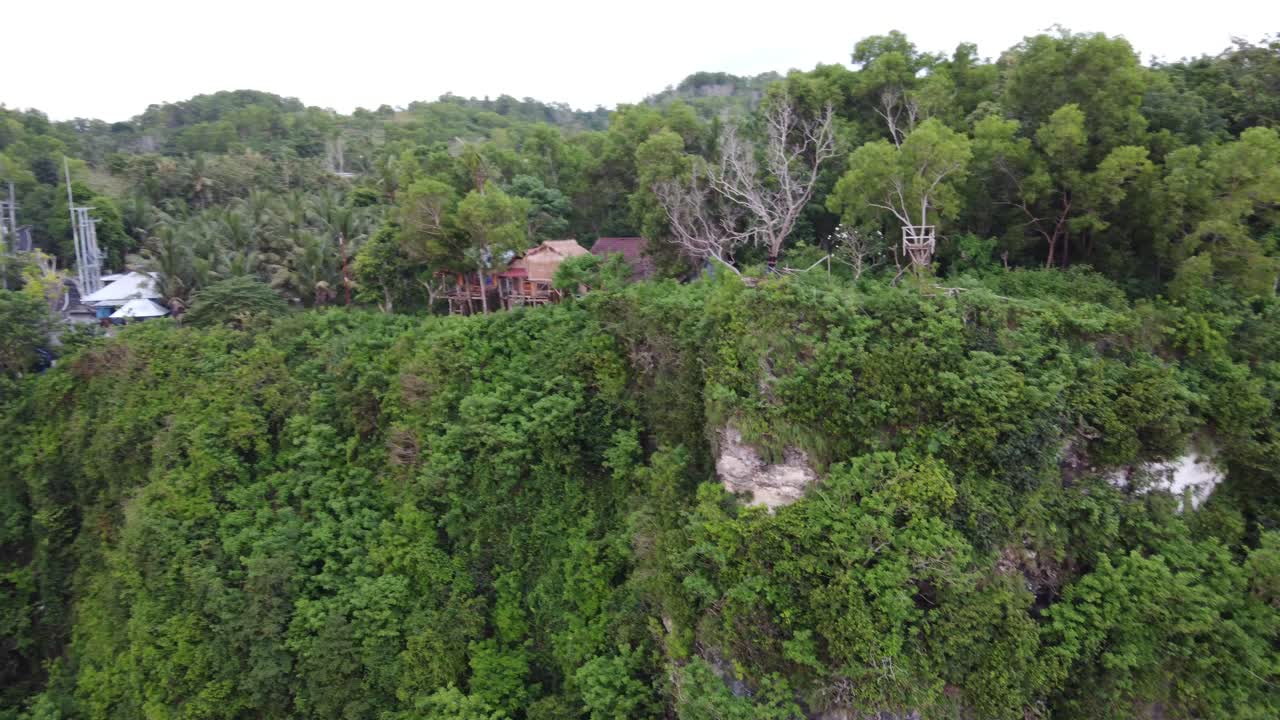 aerial, casa en el árbol, cabañas de hotel en un acantilado alto y empinado en medio de la exuberante selva tropical y las palmeras en la isla de nusa penida, bali, indonesia