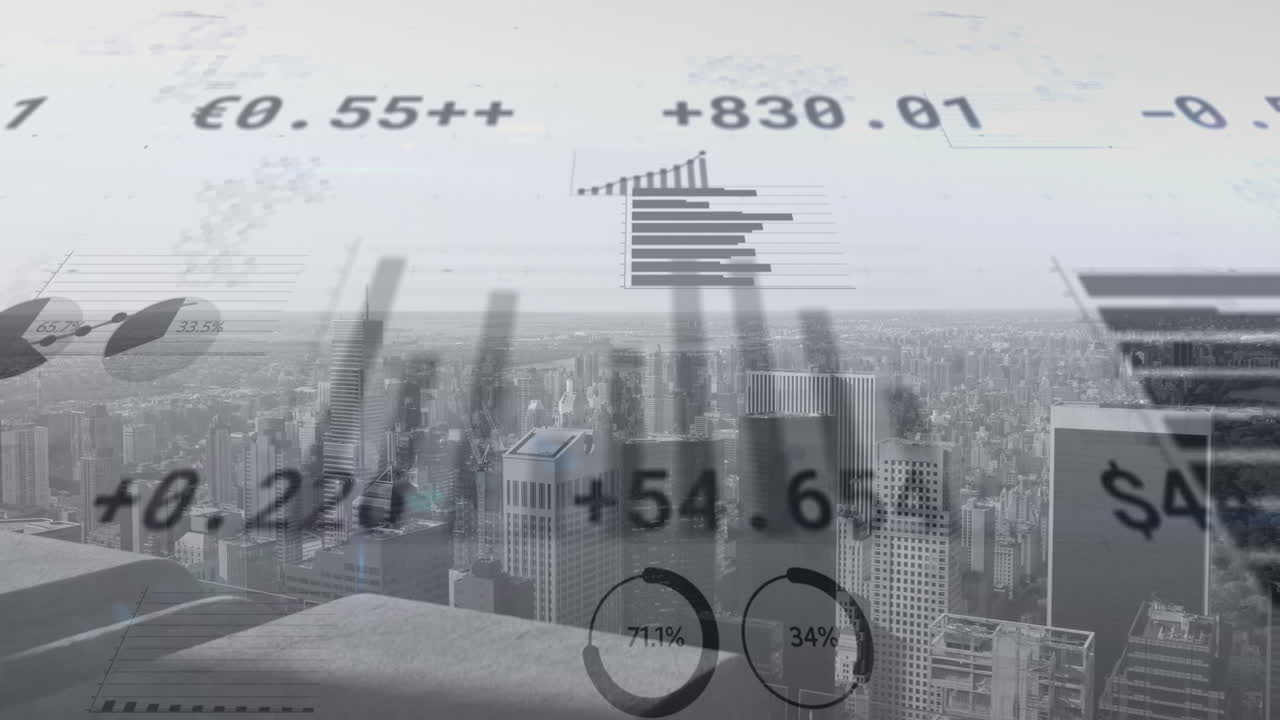 도시 배경에서 금융 데이터 및 통계 처리의 애니메이션