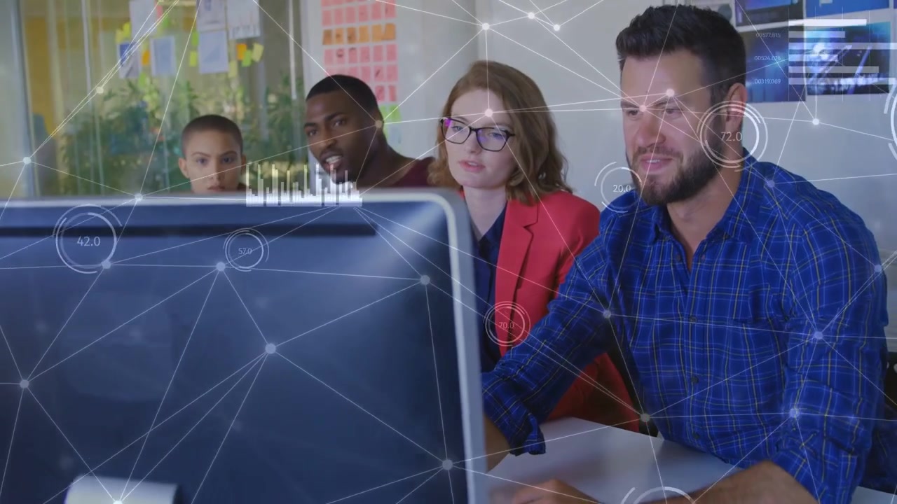 Developer clicking mouse, guiding team by monitor, launching HUD data overlays for analytics
