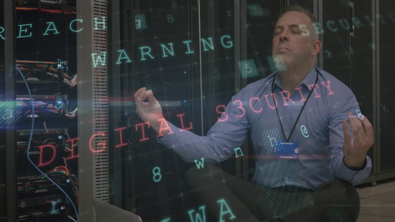 Animation of virus warning and caucasian man checking servers