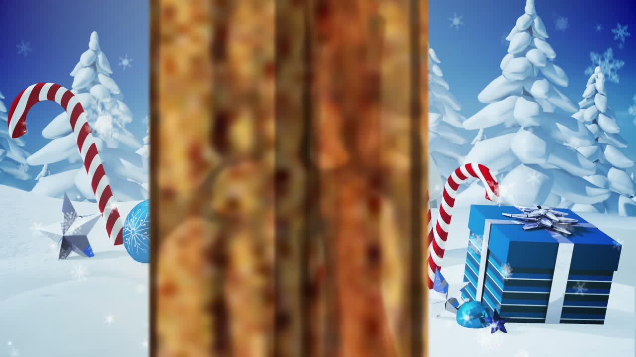 Animation of winter christmas scene with house and presents seen through window