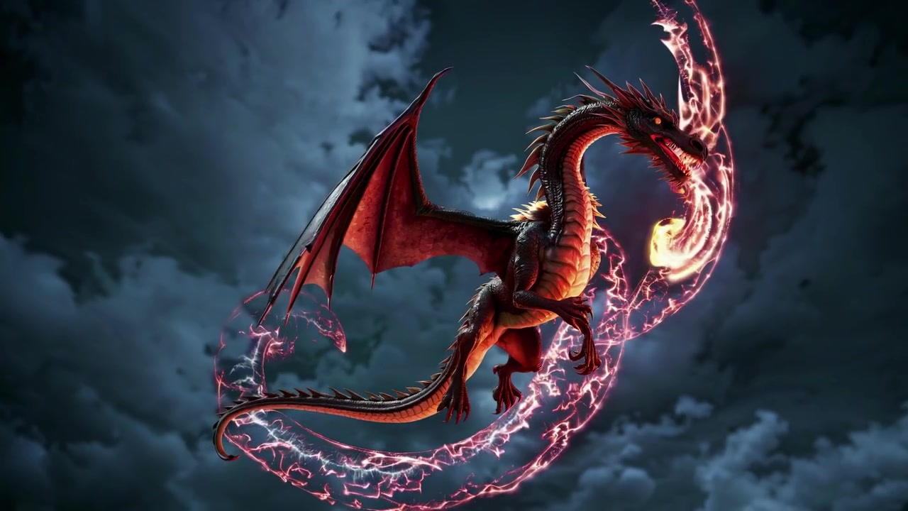 Potente drago fantasy in volo che sputa fuoco in un cielo scuro